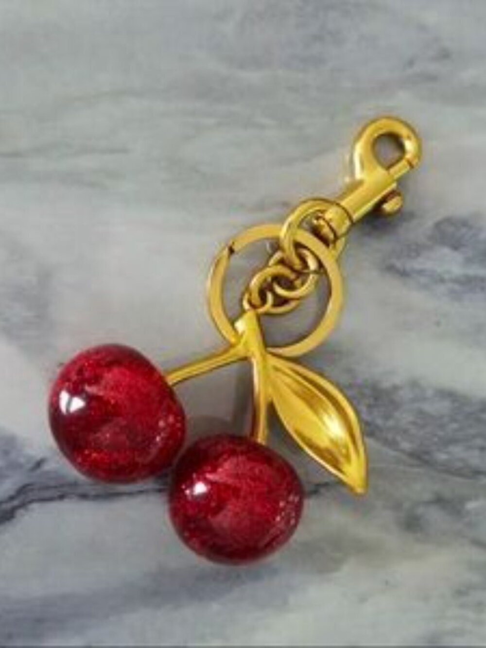 Red Glitter Cherry Bag Charm Gold Tone Keychain Purse Accessory New